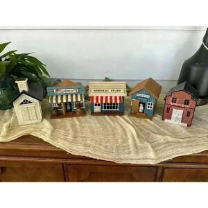 1980s Chinese Craftsmen wood shop music box Christmas decor‎ house village town